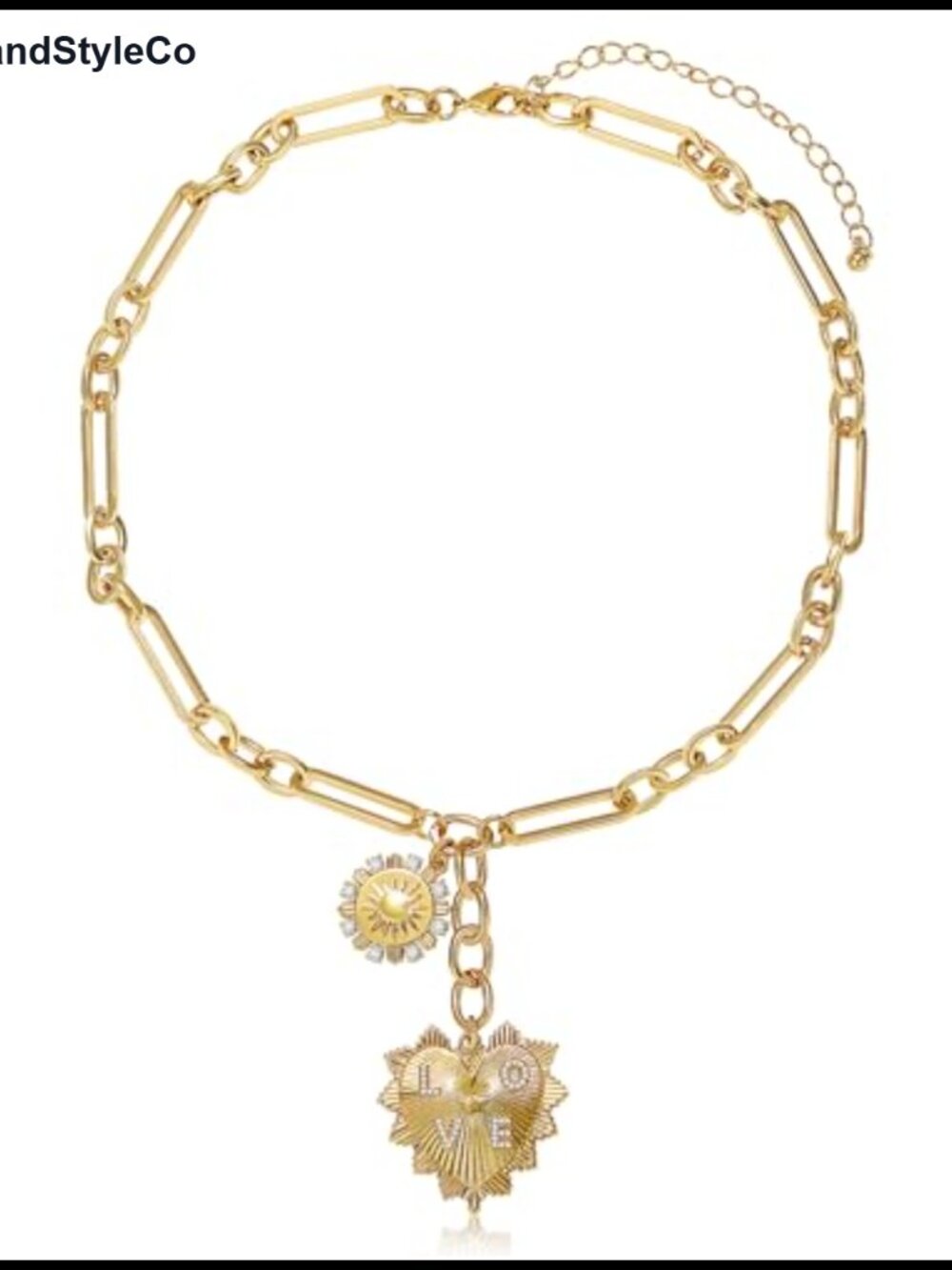 Gold Plated Heart Sun Paperclip Chain Pendant Necklace
